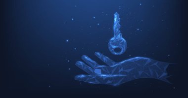 Siber güvenlik vektörü 3d illüstrasyon konsepti. Koyu mavi arka planda anahtarı olan robot el. veri güvenliği, koruma.