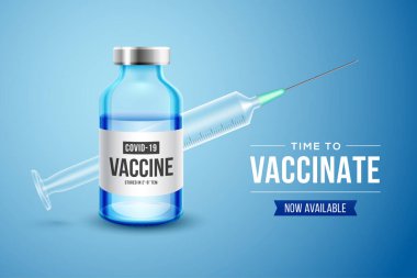 Coronavirus aşısı vektör geçmişi. Covid-19 Corona virüsü aşısı gerçekçi 3 boyutlu aşı şişesi ve covid19 aşılama tedavisi için şırınga enjeksiyonu. Vektör illüstrasyonu.