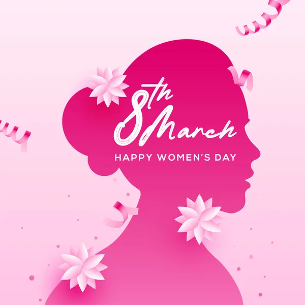 Χαρούμενη Γιορτή Της Γυναίκας Χάρτινο Πρόσωπο Κοριτσιού Ροζ Λουλούδια Σχεδιασμός — Διανυσματικό Αρχείο