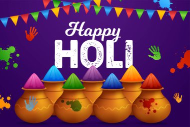 Renkler Festivali için renkli tanıtım arkaplanının vektör çizimi Mutlu Holi mesajı ile kutlanıyor