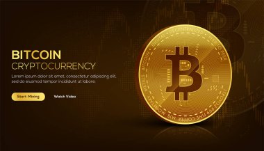 Altın Bitcoin engelleme teknolojisi geleceğin teknoloji afişi ya da kapağı için uygun 3D konsept. İzometrik vektör illüstrasyonu