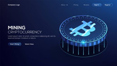 Mavi Bitcoin engelleme teknolojisi izometrik konsept geleceğin teknoloji afişi veya kapağı için uygundur. İzometrik vektör illüstrasyonu