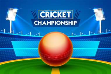 Stadyum ışıkları üzerine parlak top illüstrasyonlu kriket maçı konsepti metin tutucu alanı ile arka planda.