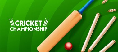 Kriket ligi konsepti kriket sopası, parlak top ve kriket sahasında afiş veya afiş için kütükler.