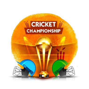 Kriket şampiyonası konsepti, kriket kaskı ve afiş kupası kazanmak.
