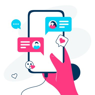 Video çağrısı konsepti. Sevdiğinle görüntülü konuşma. Ekranda kız arkadaşı olan bir erkek akıllı telefon tutuyor. Parmak dokunuşu ekranı. Web siteleri ve pankartlar için vektör düz çizim çizimi