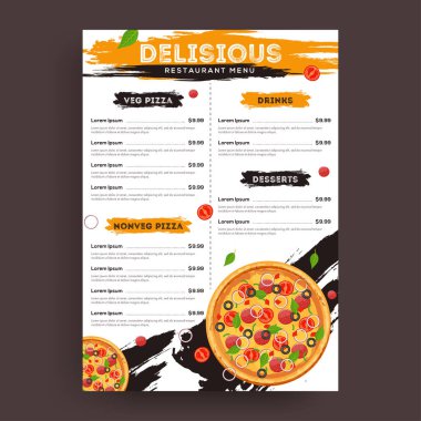 Restoran ve kafe için pizza menüsü. Prin için el çizimi grafik çizimleriyle tasarım şablonu