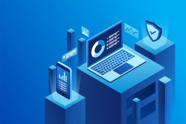 Veri koruma kavramı. Yazılım erişim verileri gizlidir. Web afişi, bilgi grafikleri, kahraman resimleri için kullanılabilir. Düz izometrik illüstrasyon mavi arkaplanda izole edildi.