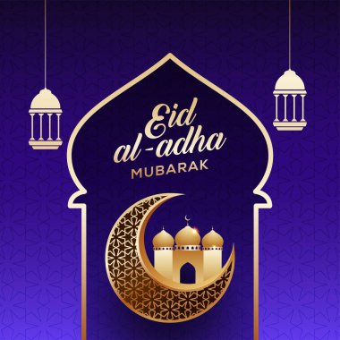 Kurban Bayramı Mübarek - Geleneksel Müslüman selamlaması. Ayda Arap lambaları ve camii asılı şenlik - Çevirisi: Kurban Bayramı