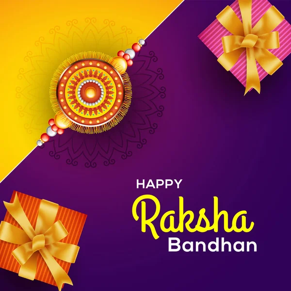 Fondo Saludo Con Rakhi Decorado Regalo Para Raksha Bandhan Bono — Vector de stock