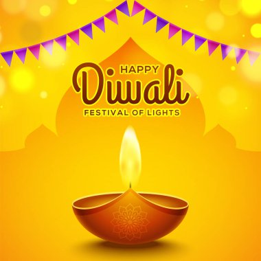 Happy diwali design with diya oil lamp elements on yellow rangoli background, bokeh sparkling effect