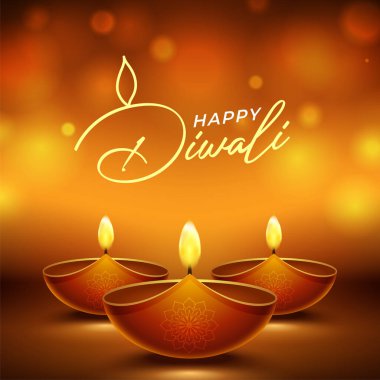 Happy diwali design with diya oil lamp elements on brown rangoli background, bokeh sparkling effect