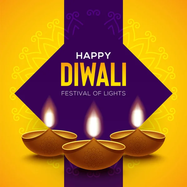 Счастливый Дизайн Diwali Элементами Лампы Diya Масла Фиолетовом Желтом Фоне — стоковый вектор