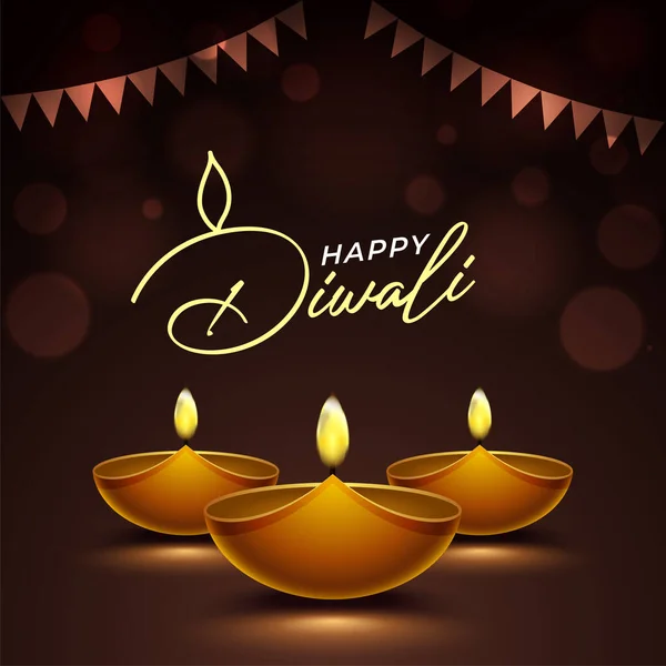 Happy Diwali Design Diya Oil Lamp Elements Brown Rangoli Background — Vector de stock
