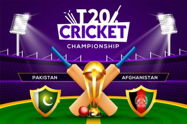 T20 Kriket Şampiyonası konsepti Pakistan 'a karşı Afganistan maç başlığı veya afişi kriket topu, sopa ve stadyum arka planında galibiyet kupası.