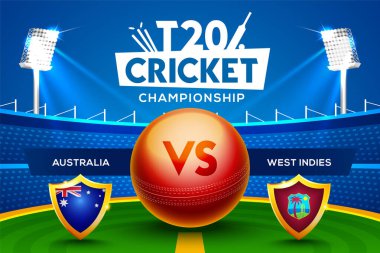 T20 Kriket Şampiyonası konsepti Avustralya 'ya karşı Batı Hint Adaları Stadyum arka planında kriket topu ile başlık veya afiş maçı.