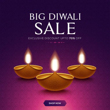 Mutlu Diwali Satış Tasarımı pembe arka planda diya yağı lambası elementleri, bokeh ışıl ışıl efekt