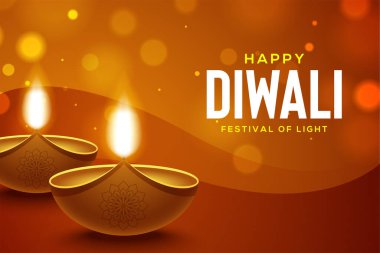 Kahverengi arka planda diya yağı elementli mutlu Diwali tasarımı, bokeh ışıl ışıl efekt