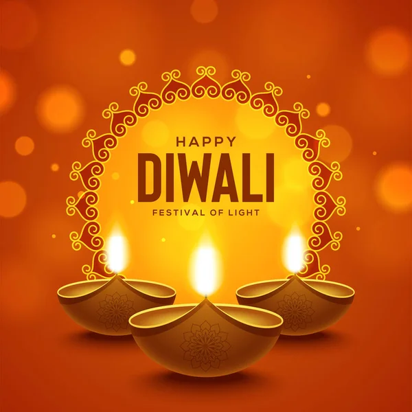 Happy Diwali Design Diya Oil Lamp Elements Brown Fone Bokeh — стоковый вектор