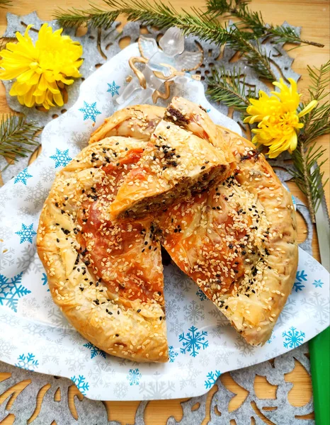 Torta Greca Tradizionale Con Carne Formaggio Spezie — Foto Stock