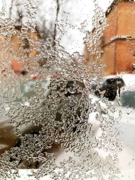 Beaux Motifs Après Pluie Glacée Sur Fenêtre — Photo