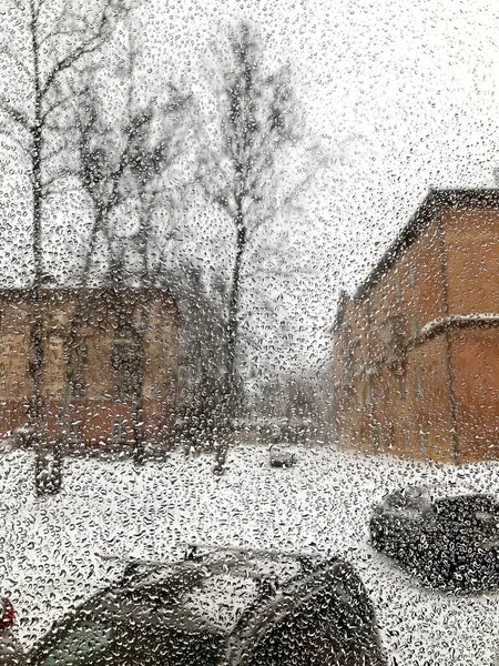 Vidro Janela Congelado Após Chuva Gelada — Fotografia de Stock
