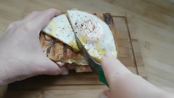 Sandwich Fried Egg Bacon Cheese Vegetables — Stock Video