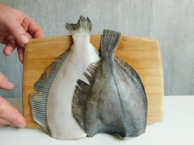 İki taze dil balığı, büyük ve küçük, pişirmeden önce.