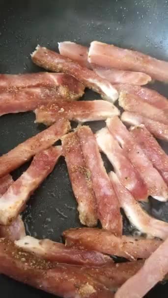 Pieces Smoked Bacon Fried Frying Pan — Stock Video