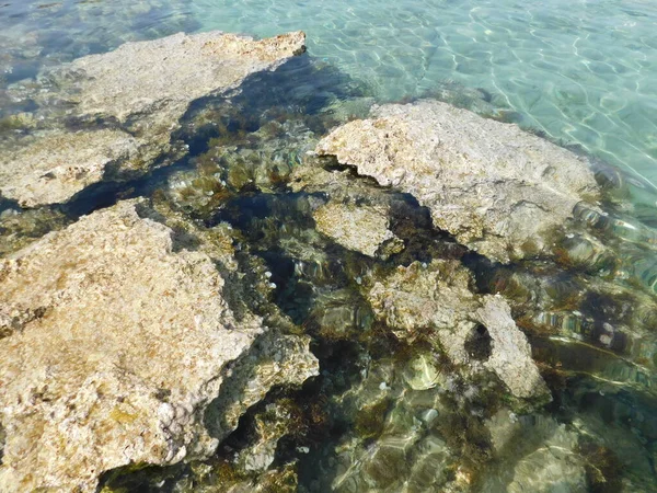 Mar Bahía Rocosa Con Agua Clara Hermosas Rocas Paralimni Protaras — Foto de Stock