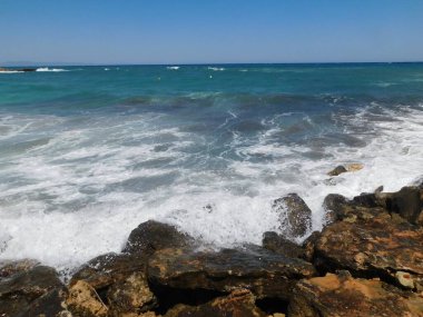 Kayalık sahilde dalgalar. İncir ağacı kumsalı. Protaras. Ayia Napa. Kıbrıs