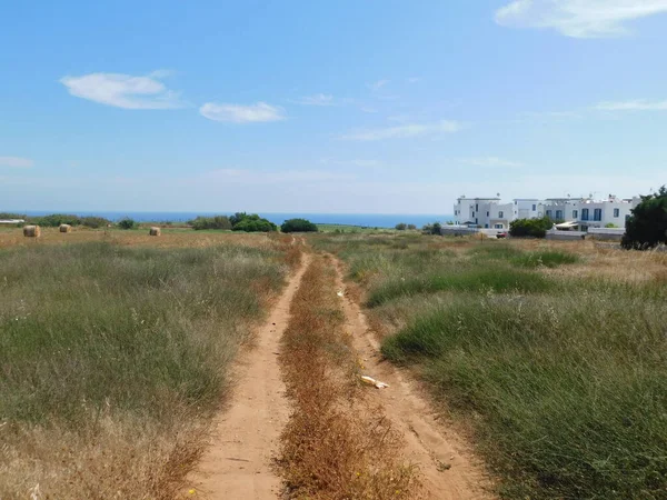 Paisagem Verão Com Grama Verde Estrada Nuvens Protaras Ayia Napa — Fotografia de Stock