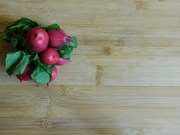 Bunch Fresh Farm Radishes Wooden Table Free Space Text — Stock Photo, Image