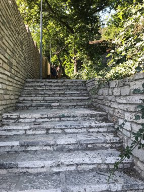 Parktaki yol taşla kaplıdır. Parke taşları bahçesindeki dekoratif patika ya da yol. Yürüyüş yolu taşları deseni. Peyzaj tasarımı, Avrupa peyzaj tasarımı.
