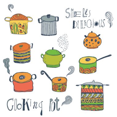 Şirin tencere pişirme ve yazı. Renkli vektör set.
