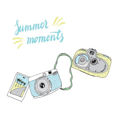 Şirin elle çizilmiş eski ve yeni fotoğraf makinesi. 