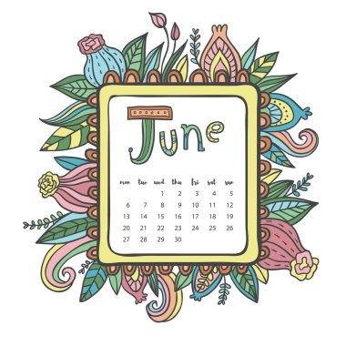 Haziran 2016 takvim. Doodle kare. Hoş bir şekilde dekore edilmiş çerçeve çiçek. Yazdırılabilir Sayfa.