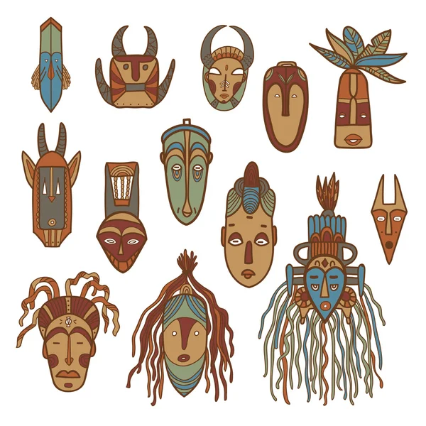Handgezeichnete afrikanische Masken. Vektorsatz. — Stockvektor