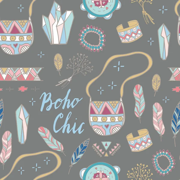 Set vectorial Boho Chic. Diseño del festival de verano. Cristales, plumas, aspecto festivo, adornos, joyas, pandereta . — Vector de stock