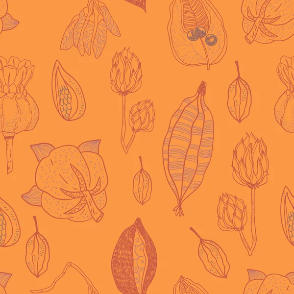 Patrón vectorial sin costuras con semillas y vainas de semillas en colores otoñales. Formas naturales orgánicas . — Archivo Imágenes Vectoriales