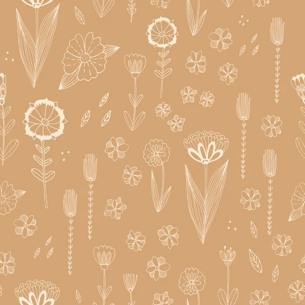 Seamless vector pattern with autumn flowers, leaves and grass. — Stock Vector