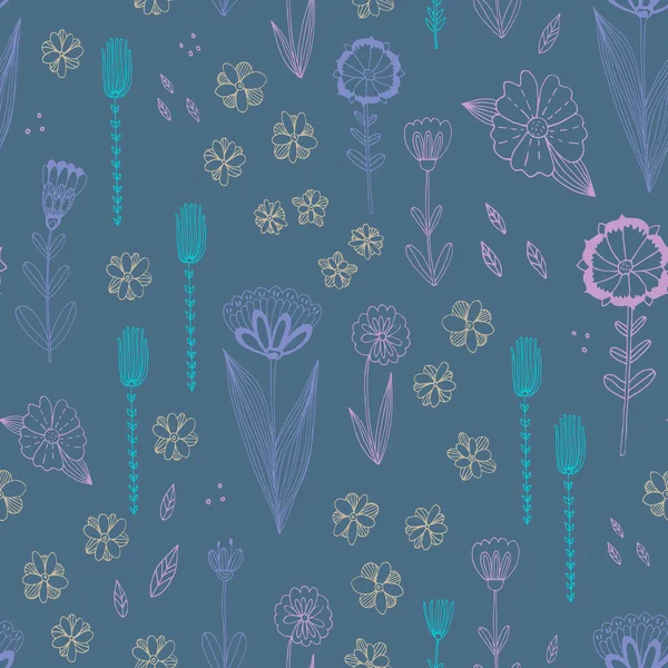 Απρόσκοπτη διάνυσμα μοτίβο με φθινοπωρινά λουλούδια, φύλλα και χόρτα. — Διανυσματικό Αρχείο