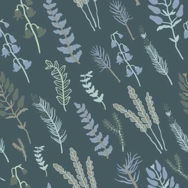 Trendy vector seamless pattern with forest plants, leaves,, seeds and cones.