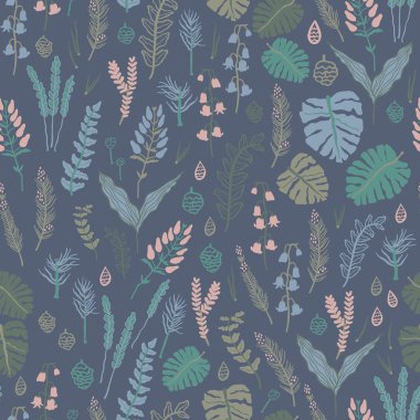 Trendy vector seamless pattern with forest plants, leaves,, seeds and cones.