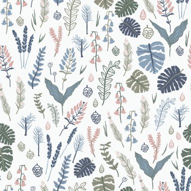 Trendy vector seamless pattern with forest plants, leaves,, seeds and cones.
