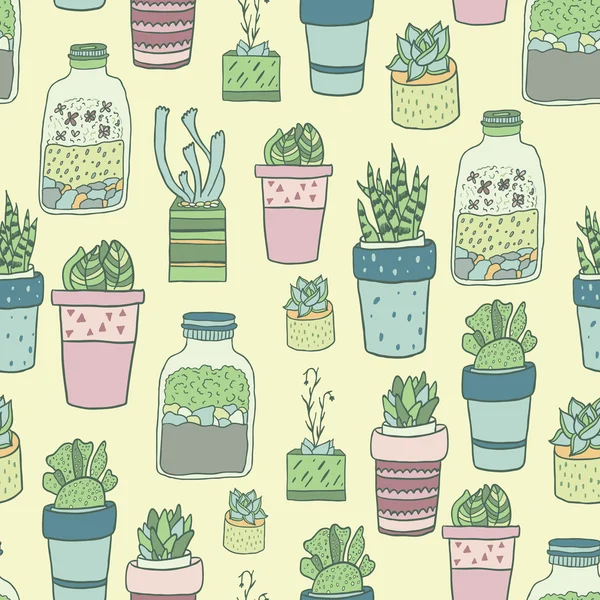 Cute hand drawn terrariums, houseplants and succulents in pots. Seamless vector pattern. — Stock vektor