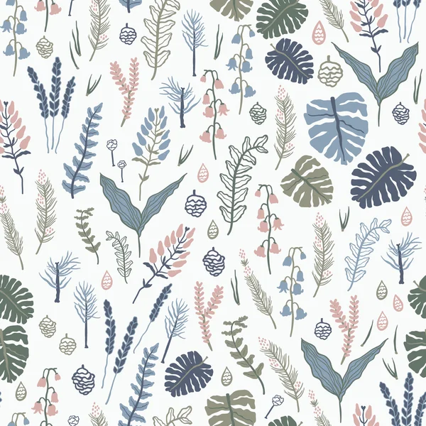 Trendy vector seamless pattern with forest plants, leaves,, seeds and cones. — Wektor stockowy