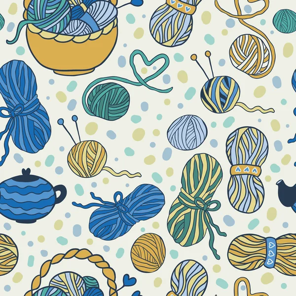 I love knitting! Fun seamless vector pattern for your design, scrapbook pages, blog, textile. Hand drawn yarn ravels. — 스톡 벡터