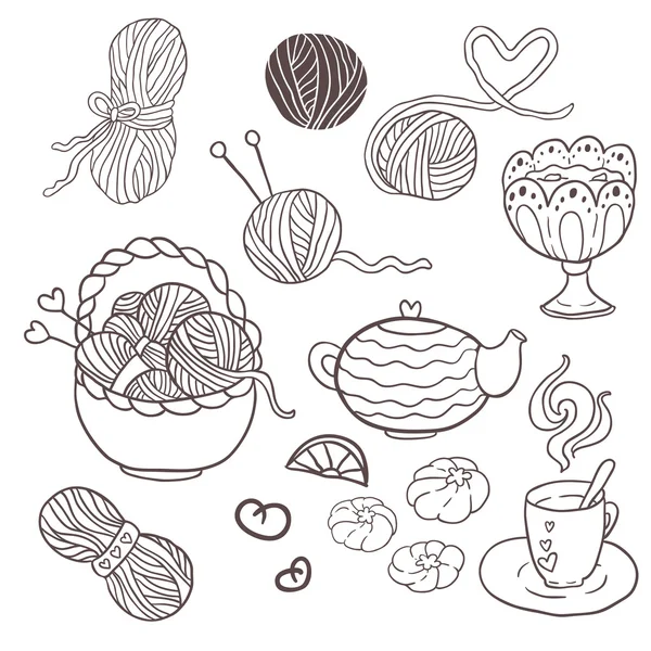 I love knitting! Fun outline vector set for your design, scrapbook pages, blog. Hand drawn yarn, ravel, teapot, vase with jam, cookies, lemon tea, pretzels. — Stock Vector
