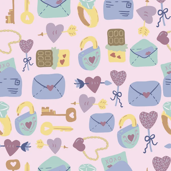 Love Letter seamless vector pattern with adorable sweets, letters, keys and hearts. Hand drawn texture for fabrics, paper and web. St.Valentines Day. — Stockvector